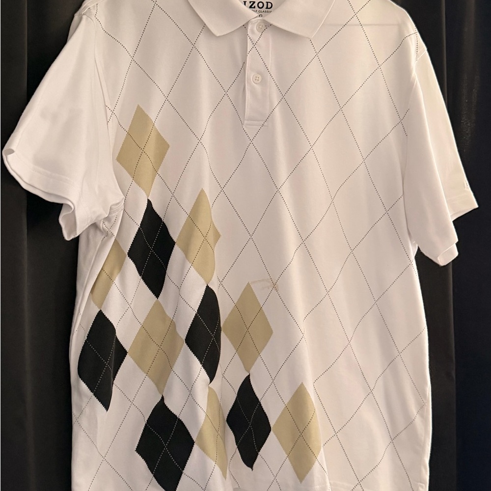 IZOD Men’s White Polo with Tan and Black Argyle